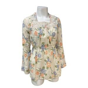 Vintage 1970s Floral Lace Peasant Top Boho Cottagecore Blouse / Medium -